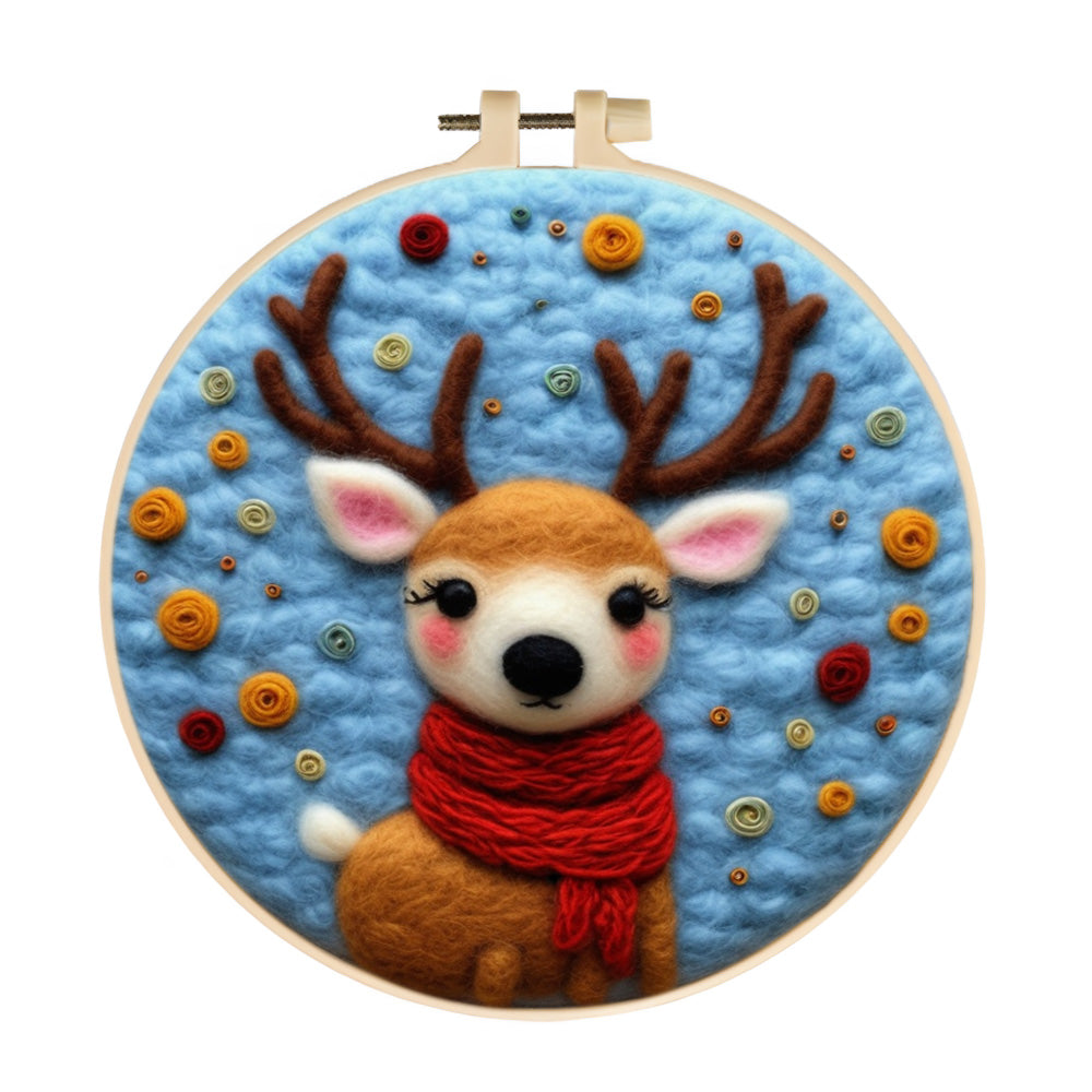 Deer Wearing a Red Scarf Wool Needle Felting Painting Kit