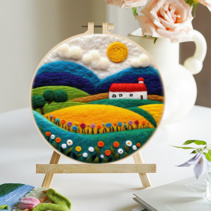 House and Flowers on the Hillside Wool Needle Felting Painting Kit
