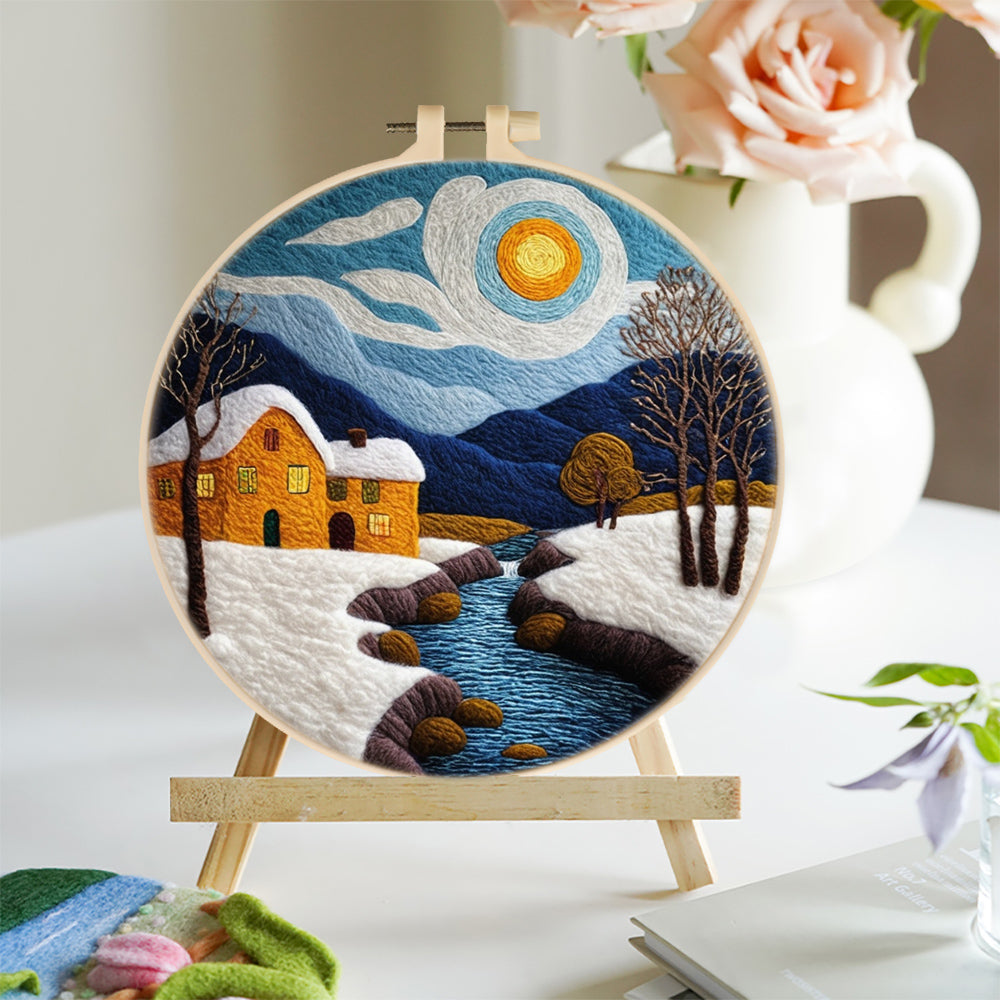 Yellow House by the Winter Stream Wool Needle Felting Painting Kit