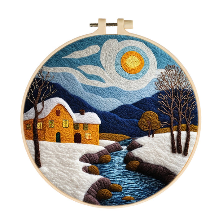 Yellow House by the Winter Stream Wool Needle Felting Painting Kit