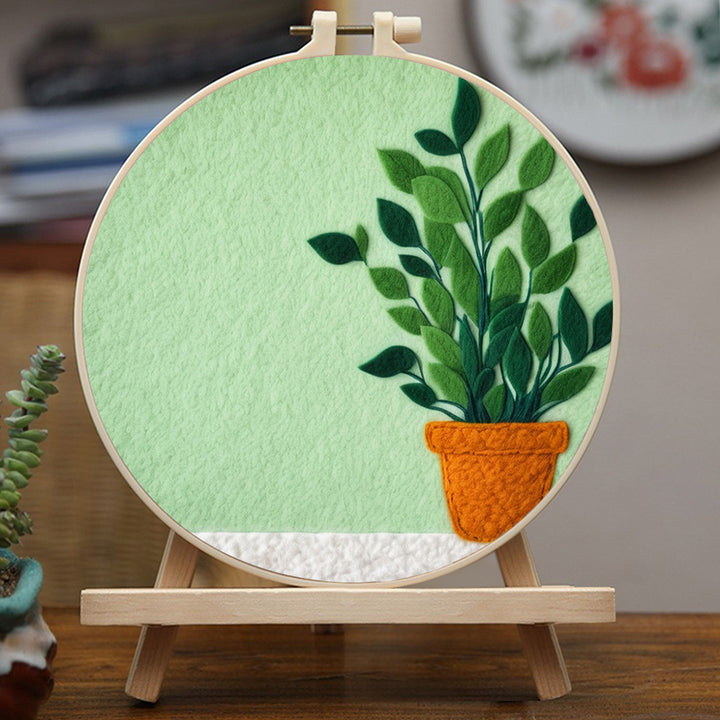 Minimal Green Potted Leaf Plant Wool Needle Felting Painting Kit