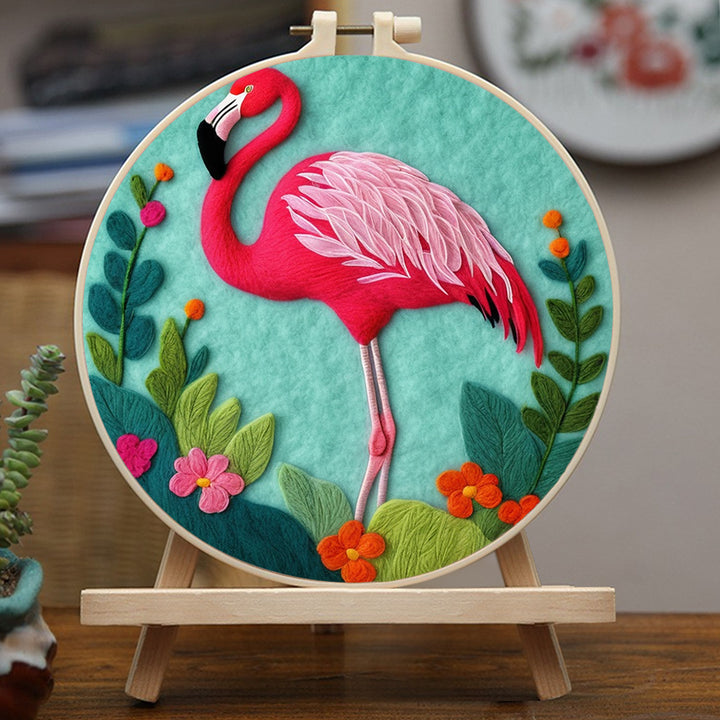 Bright Flamingo among Green Leaves Wool Needle Felting Painting Kit