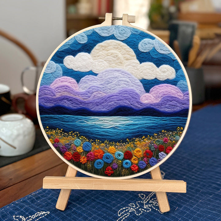 Purple Sunset over the Sea and Flowers Wool Needle Felting Painting Kit