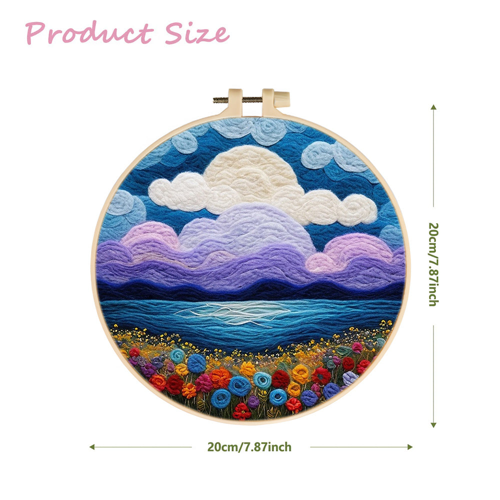 Purple Sunset over the Sea and Flowers Wool Needle Felting Painting Kit