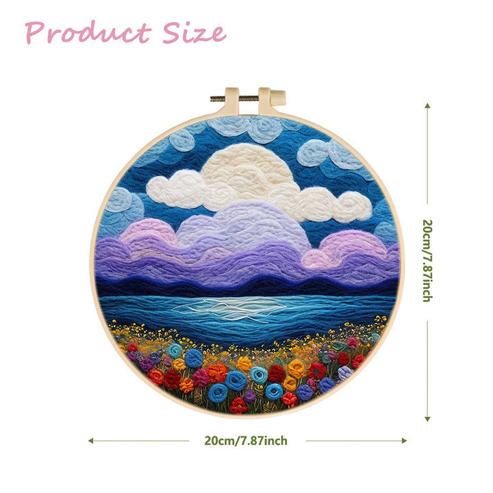 Purple Sunset over the Sea and Flowers Wool Needle Felting Painting Kit