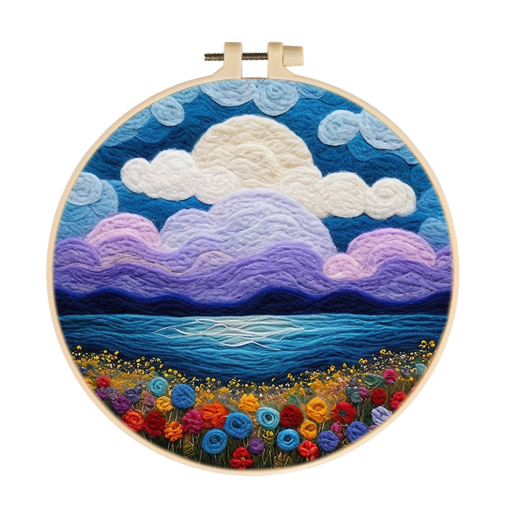 Purple Sunset over the Sea and Flowers Wool Needle Felting Painting Kit