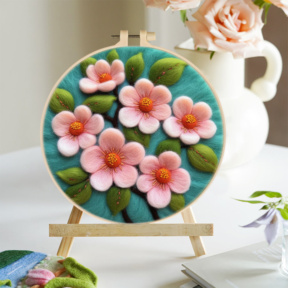 Pink Flowers and Green Leaves Wool Needle Felting Painting Kit