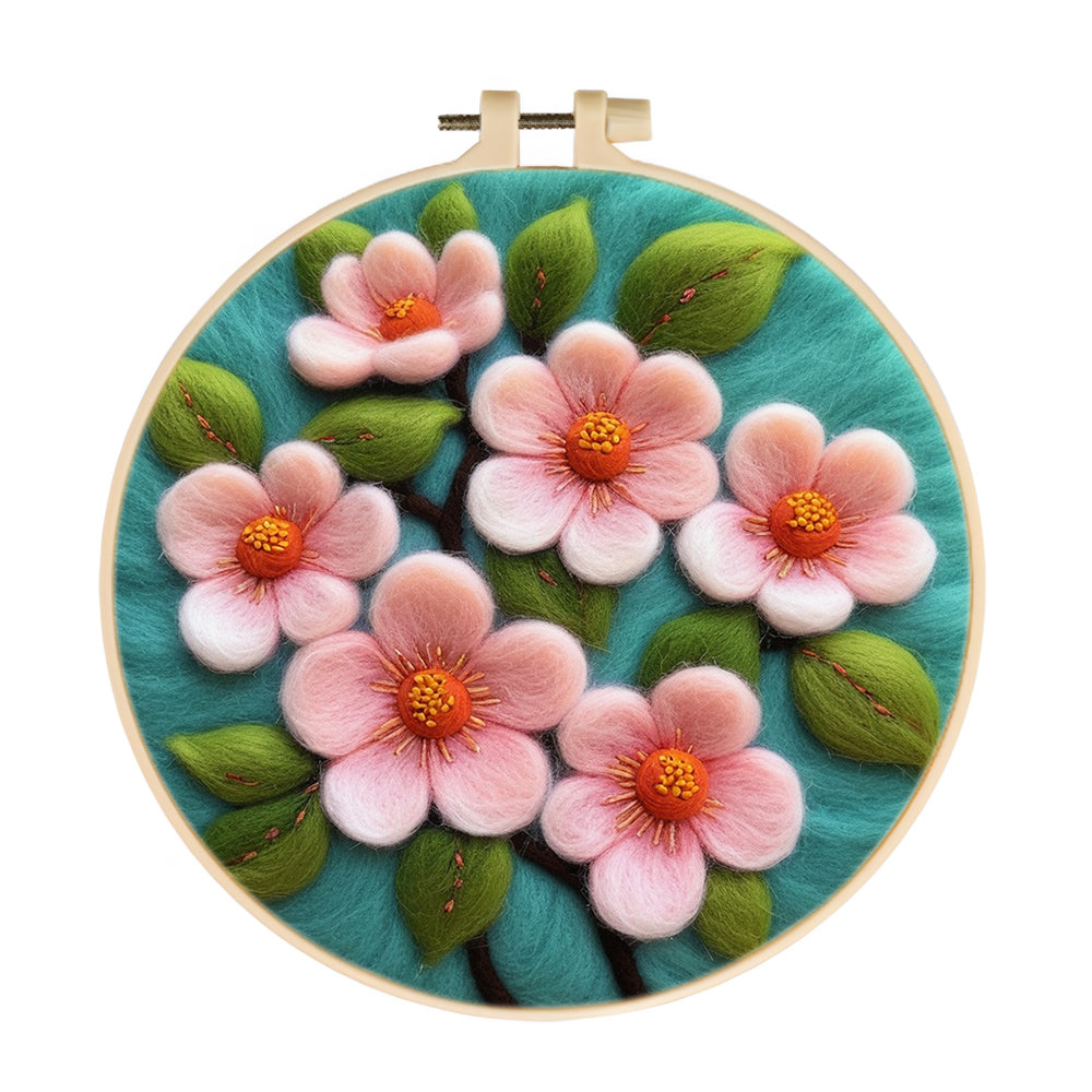 Pink Flowers and Green Leaves Wool Needle Felting Painting Kit