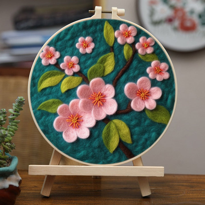 Pink Sakura with Green Leaves Wool Needle Felting Painting Kit