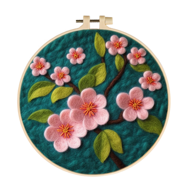 Pink Sakura with Green Leaves Wool Needle Felting Painting Kit