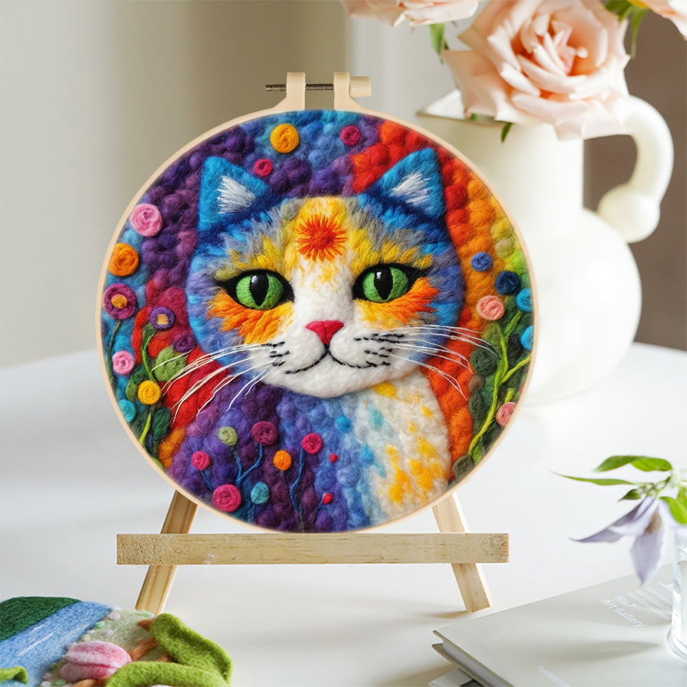 Colorful Cat and Flowers Wool Needle Felting Painting Kit