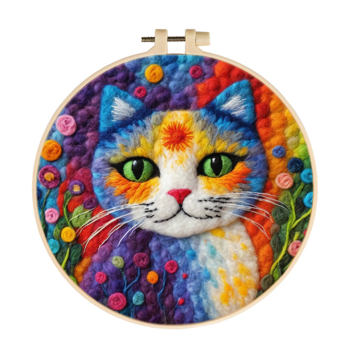 Colorful Cat and Flowers Wool Needle Felting Painting Kit