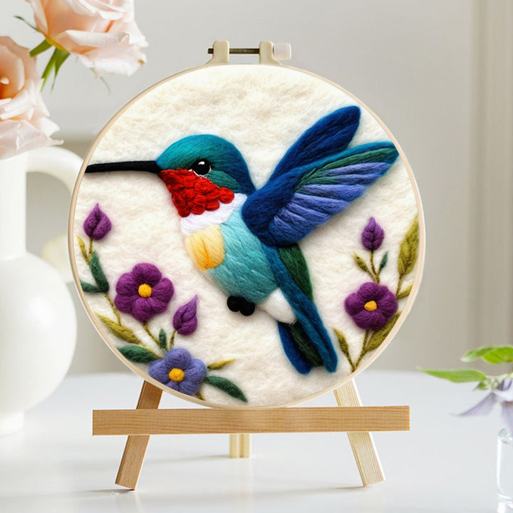 Blue Hummingbird and Purple Flowers Wool Needle Felting Painting Kit