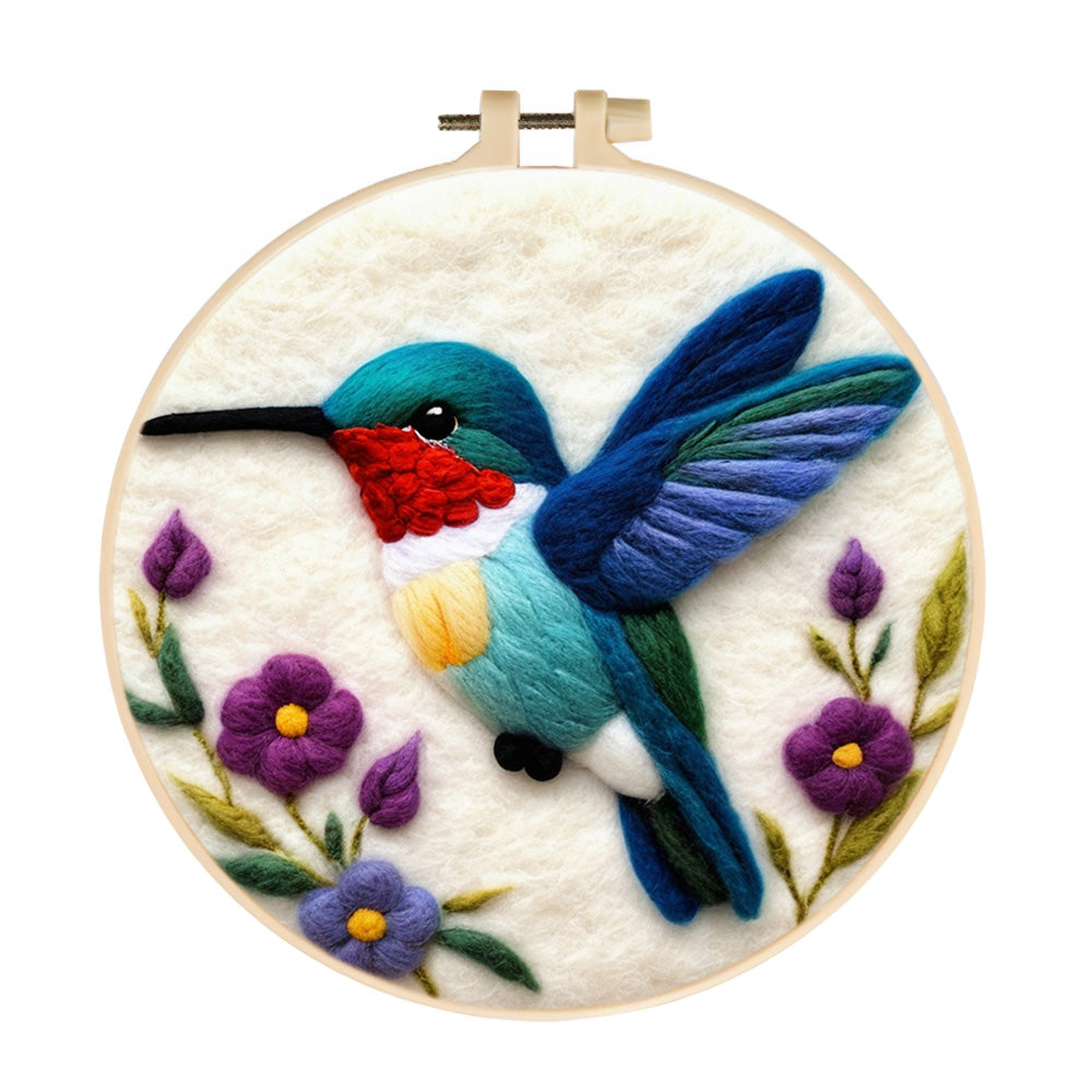Blue Hummingbird and Purple Flowers Wool Needle Felting Painting Kit