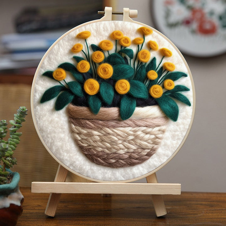 Yellow Flowers in a Woven Basket Wool Needle Felting Painting Kit