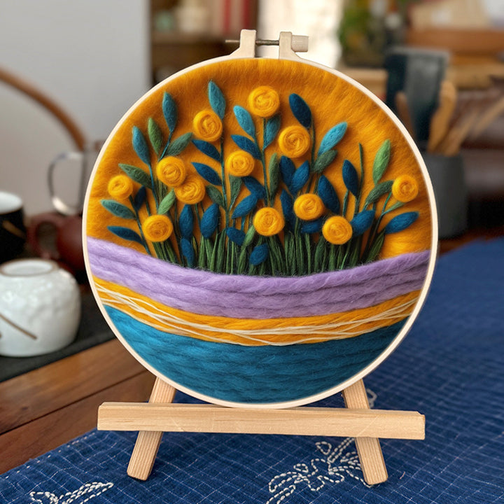 Yellow Flowers with Green Leaves Wool Needle Felting Painting Kit