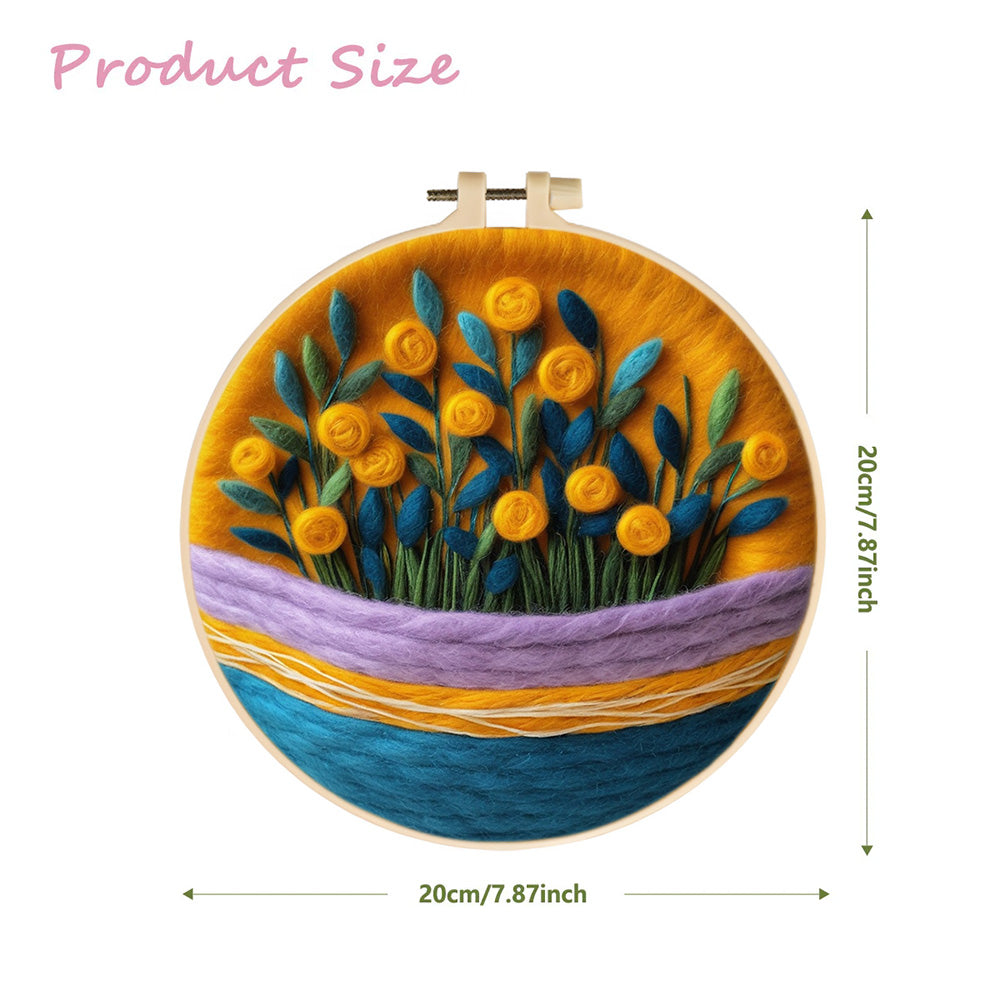 Yellow Flowers with Green Leaves Wool Needle Felting Painting Kit
