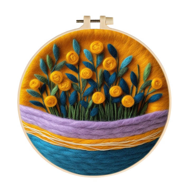 Yellow Flowers with Green Leaves Wool Needle Felting Painting Kit