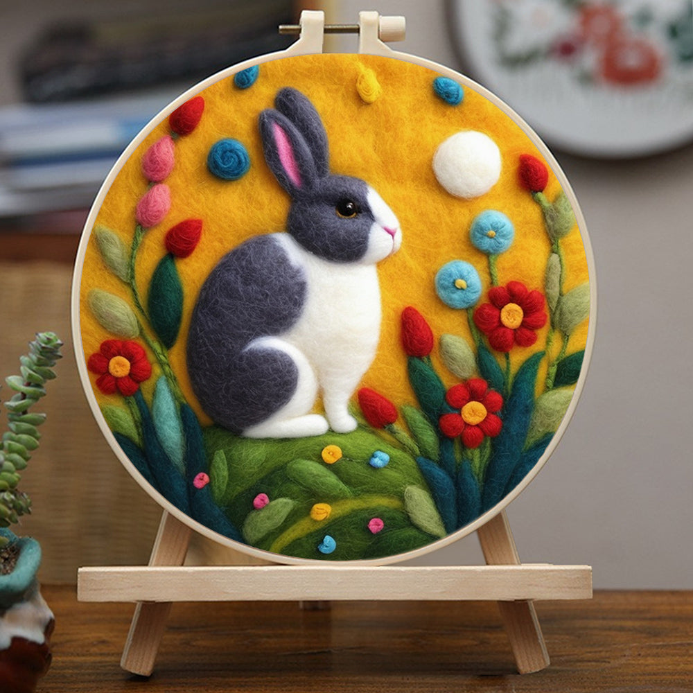 Gray Rabbit Rests Beside Flowers Wool Needle Felting Painting Kit