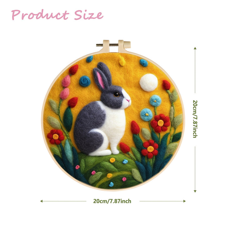 Gray Rabbit Rests Beside Flowers Wool Needle Felting Painting Kit