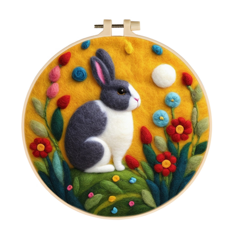 Gray Rabbit Rests Beside Flowers Wool Needle Felting Painting Kit