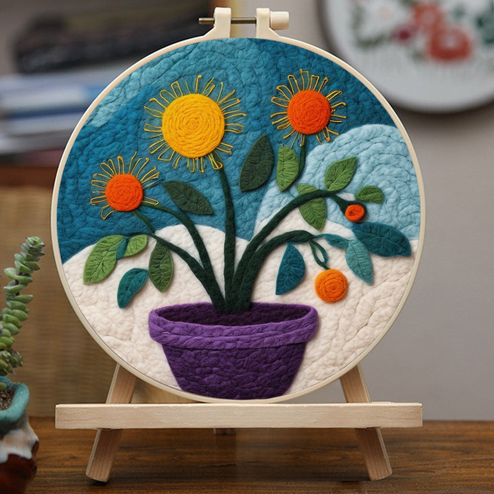 Bloom Flowers with Sun Shapes and Leaves Wool Needle Felting Painting Kit