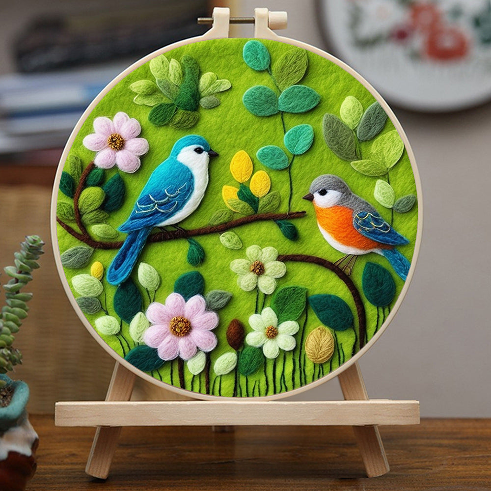 Colorful Bird Sits Among Green Leaves Wool Needle Felting Painting Kit