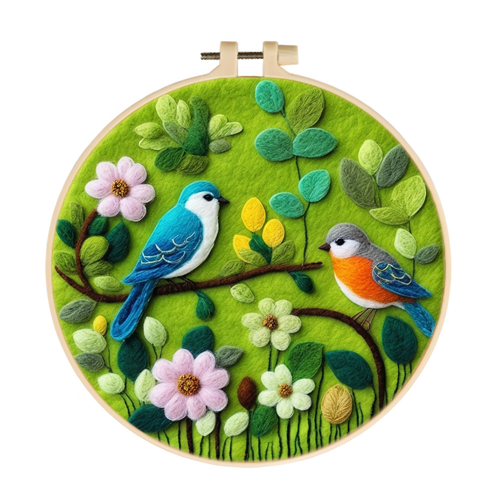 Colorful Bird Sits Among Green Leaves Wool Needle Felting Painting Kit