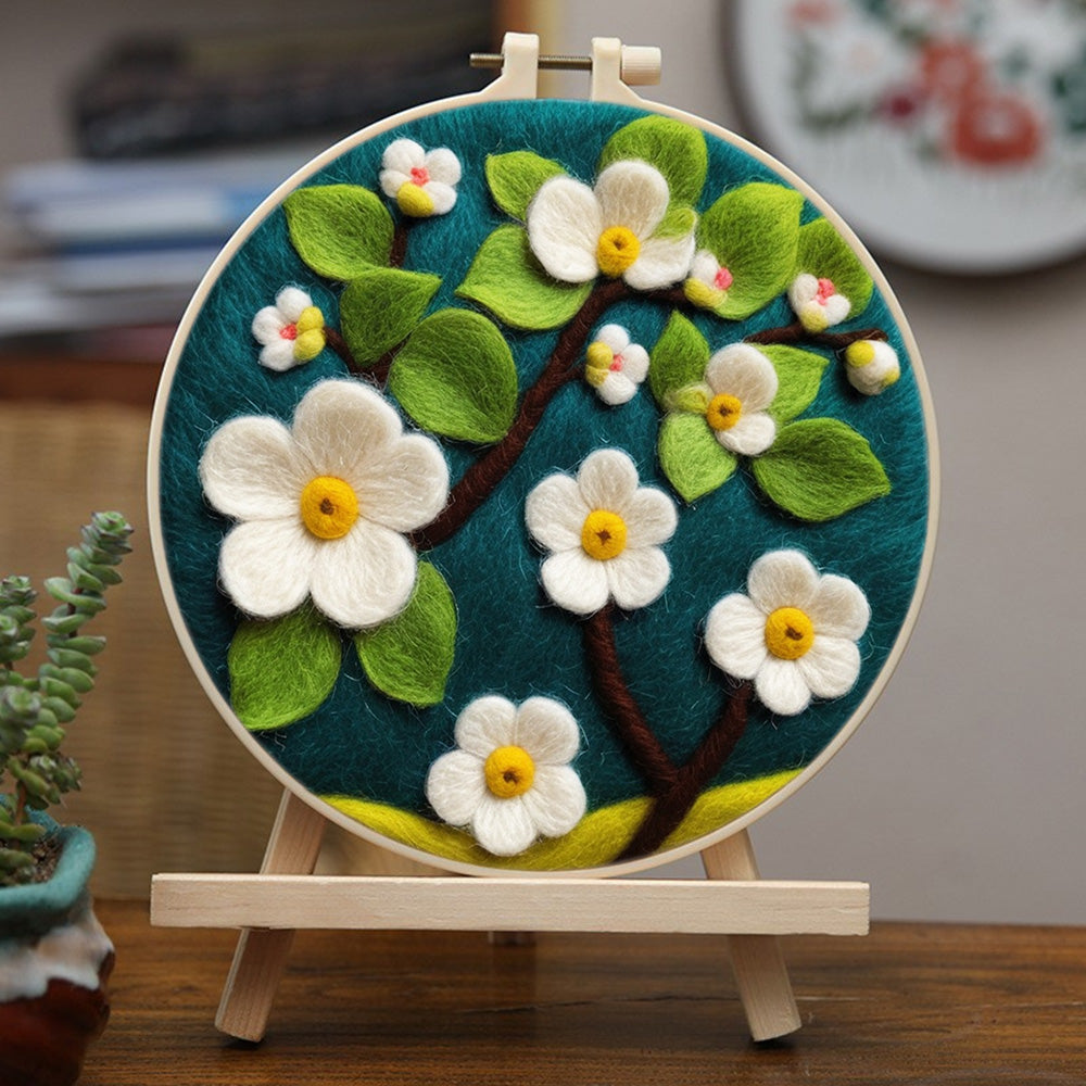 White Flowers with Tender Green Leaves Wool Needle Felting Painting Kit
