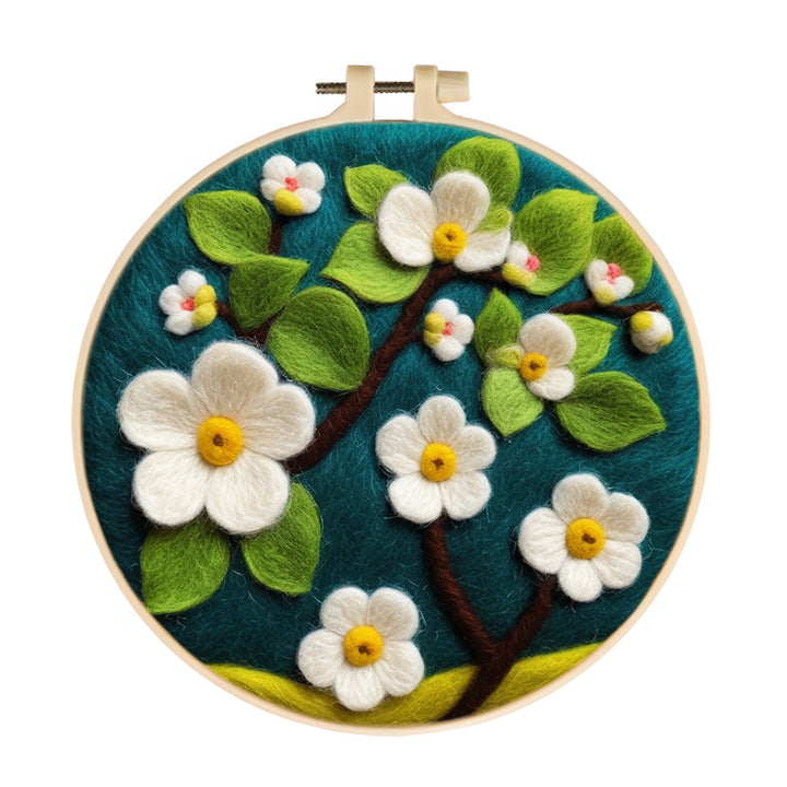 White Flowers with Tender Green Leaves Wool Needle Felting Painting Kit