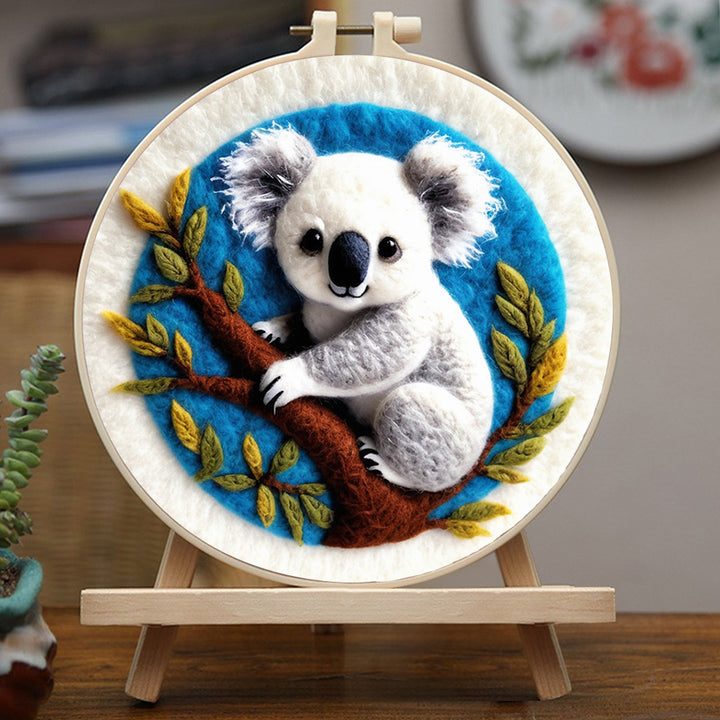 Smiling Koala among Green Leaves Wool Needle Felting Painting Kit