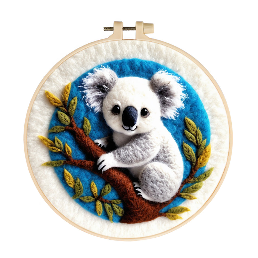 Smiling Koala among Green Leaves Wool Needle Felting Painting Kit