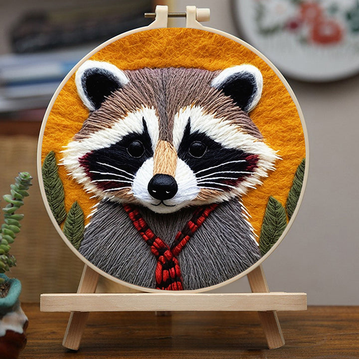 Cute Raccoon Wearing Red Scarf Wool Needle Felting Painting Kit