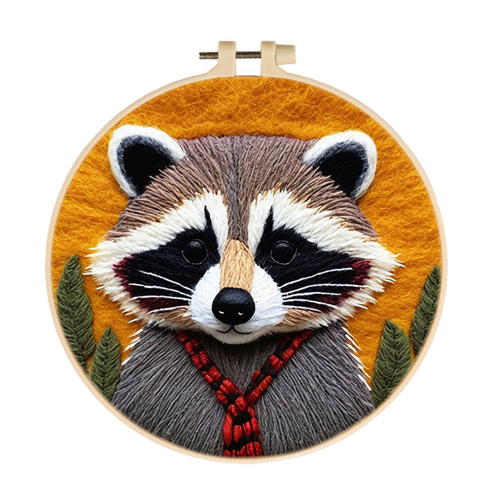 Cute Raccoon Wearing Red Scarf Wool Needle Felting Painting Kit
