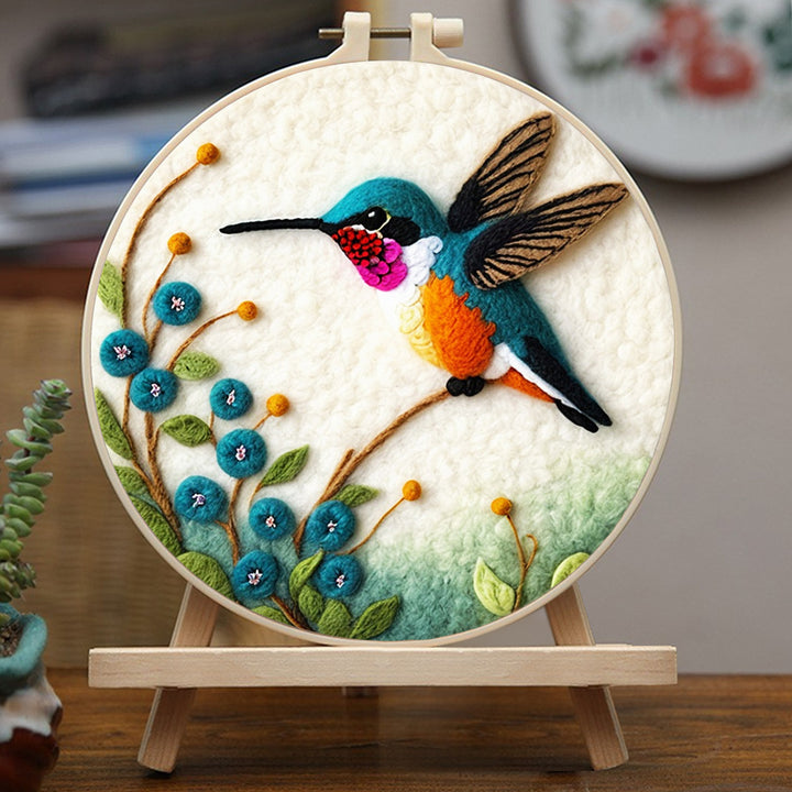 Small Hummingbird among Blue Flowers Wool Needle Felting Painting Kit