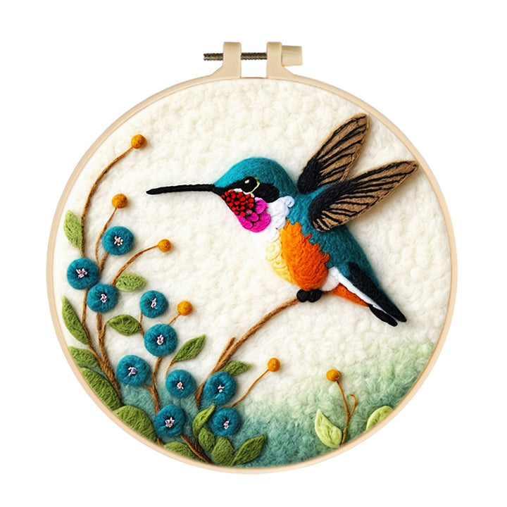 Small Hummingbird among Blue Flowers Wool Needle Felting Painting Kit