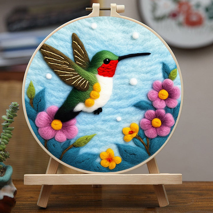 Flying Hummingbird over Floral Scene Wool Needle Felting Painting Kit