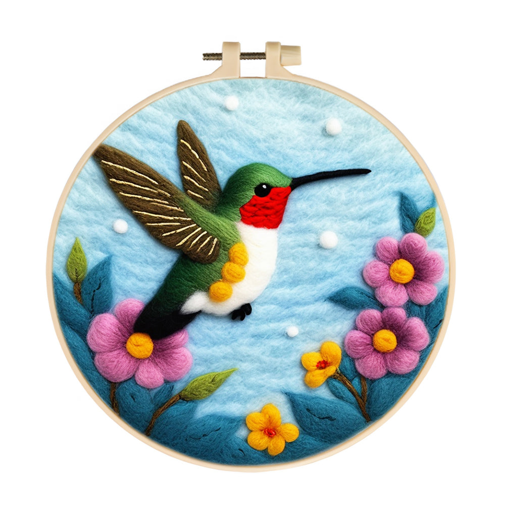 Flying Hummingbird over Floral Scene Wool Needle Felting Painting Kit