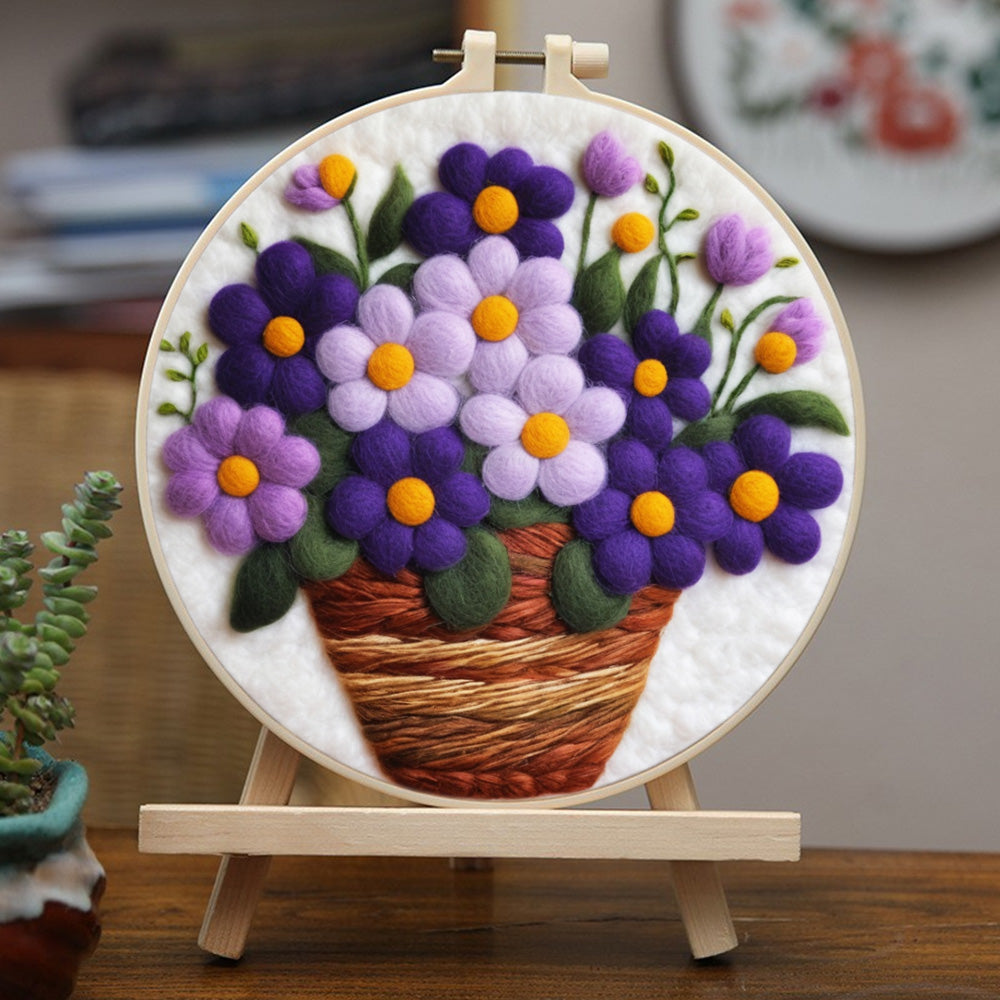 Purple Flowers in the Basket Wool Needle Felting Painting Kit