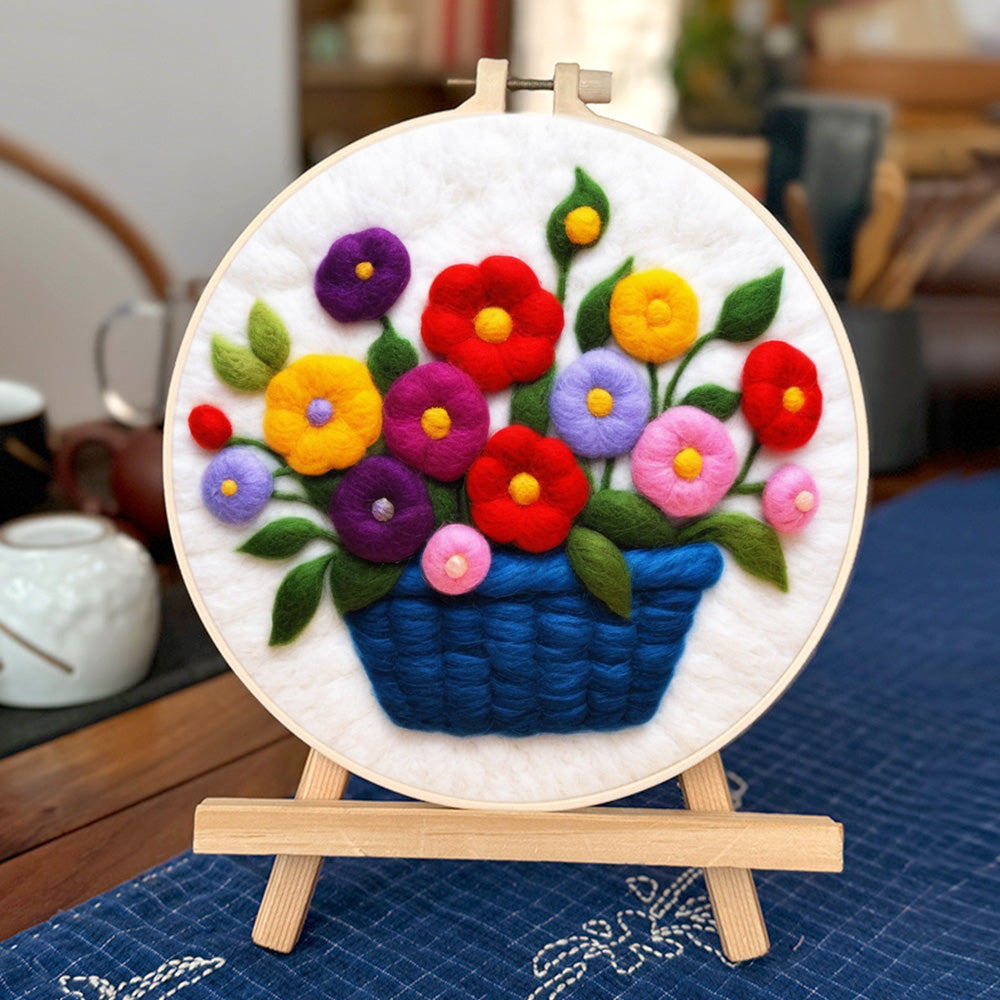 Colorful Flowers in a Blue Basket Wool Needle Felting Painting Kit