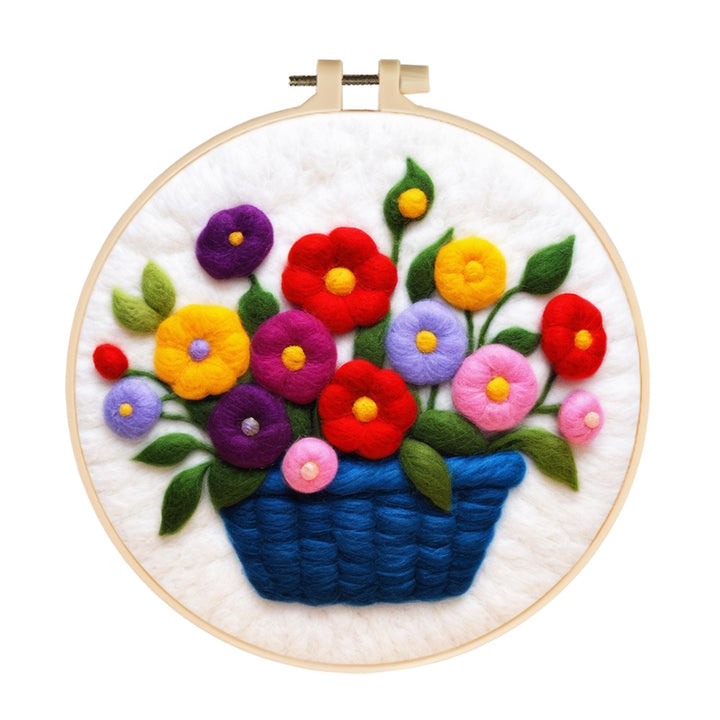 Colorful Flowers in a Blue Basket Wool Needle Felting Painting Kit