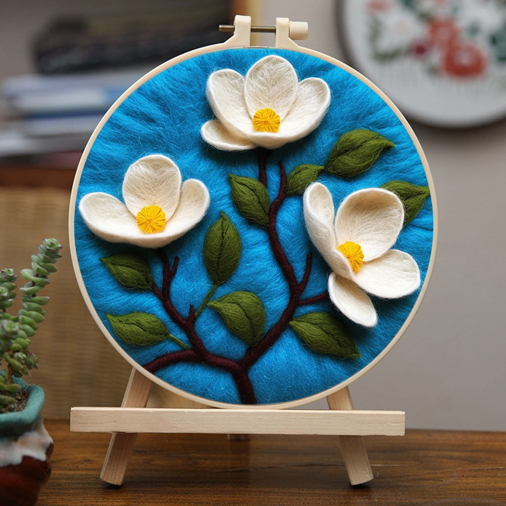 Pure White Magnolia Flowers Wool Needle Felting Painting Kit