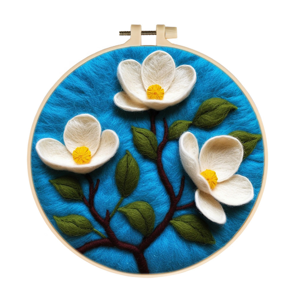 Pure White Magnolia Flowers Wool Needle Felting Painting Kit