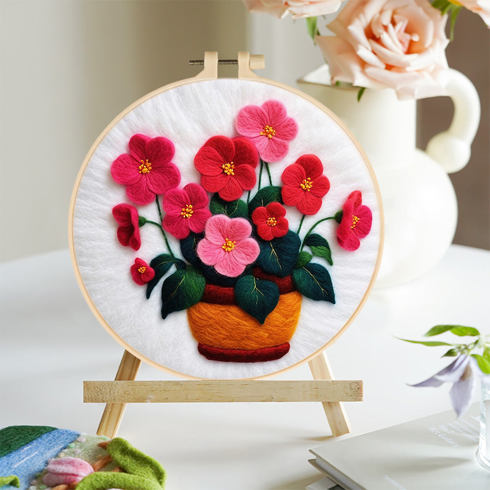 Pink and Red Potted Flowers Wool Needle Felting Painting Kit
