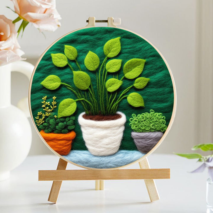 Three Lush Green Potted Plants Wool Needle Felting Painting Kit