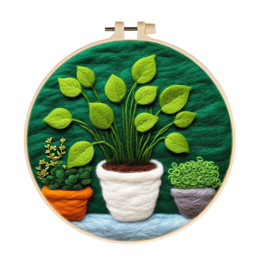 Three Lush Green Potted Plants Wool Needle Felting Painting Kit