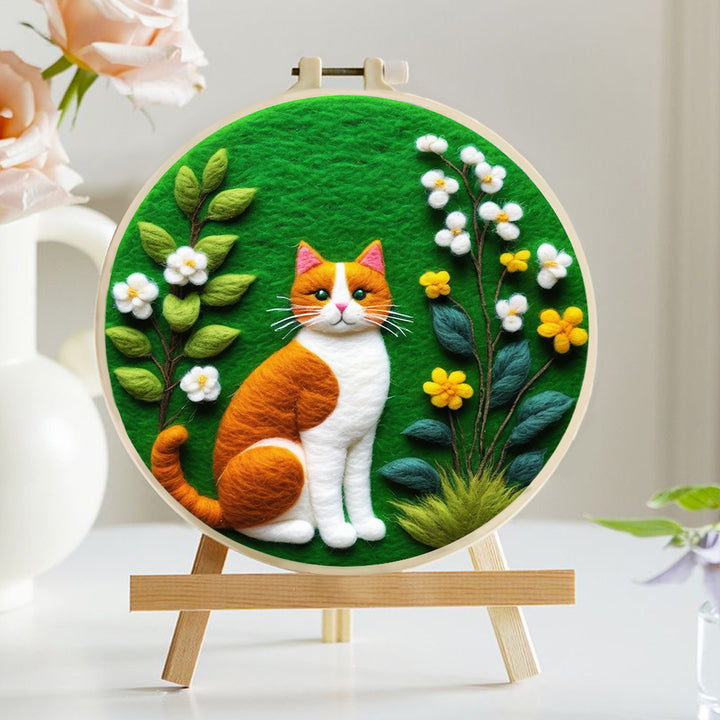 Cat Surrounded by Yellow and White Flowers Wool Needle Felting Painting Kit