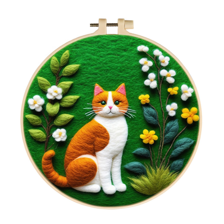 Cat Surrounded by Yellow and White Flowers Wool Needle Felting Painting Kit