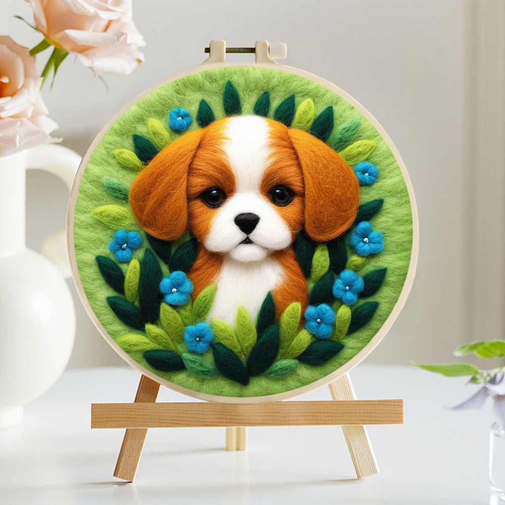 Adorable Puppy with Blue Flowers Wool Needle Felting Painting Kit