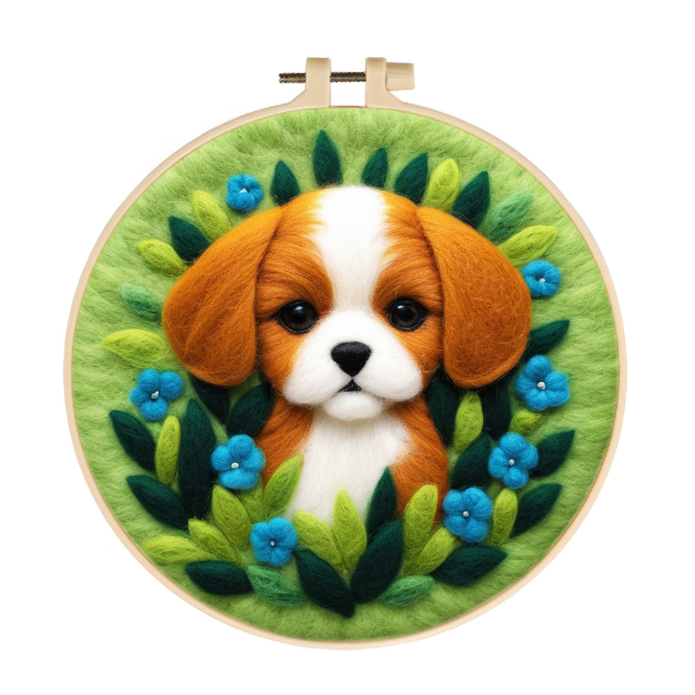 Adorable Puppy with Blue Flowers Wool Needle Felting Painting Kit